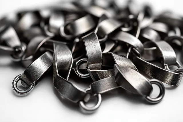 Twisted steel chain links with circular rings piled together, showing shiny metallic texture on a white surface.