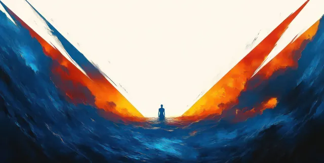 A lone silhouette stands between deep blue cloud walls with a fiery orange rift beneath a bright sky.