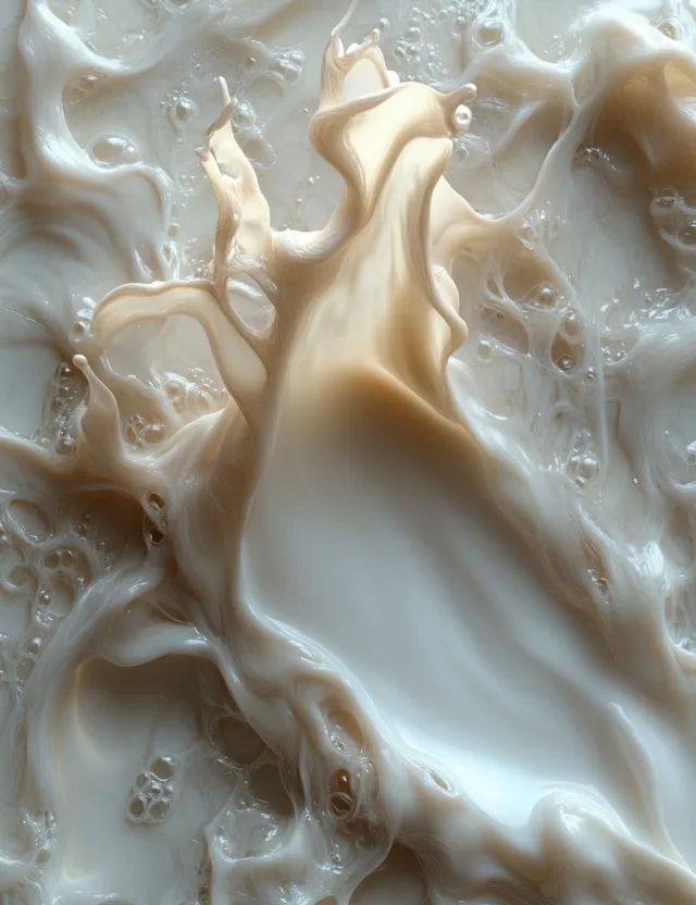 Creamy milk splash swirling into an abstract flow on a white backdrop