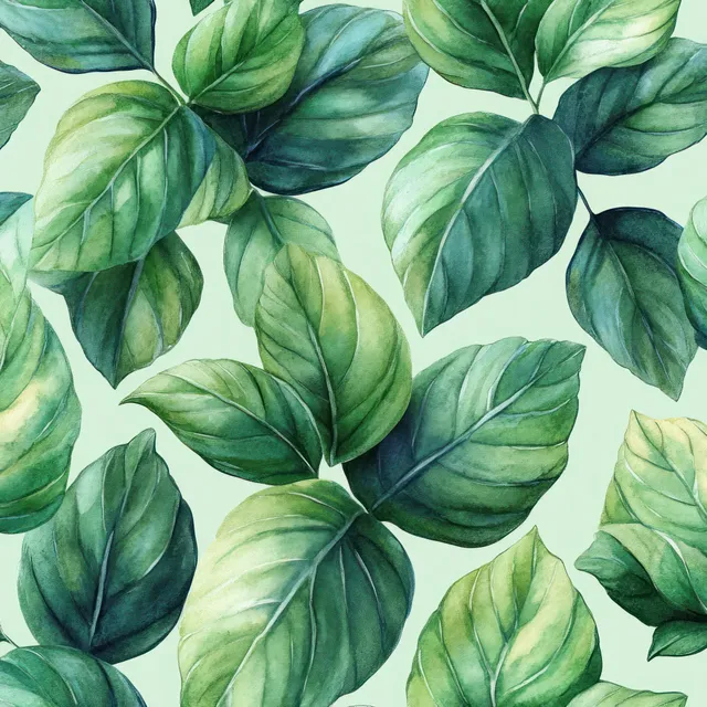 Watercolor tropical palm leaves seamless pattern with soft green gradients on light background