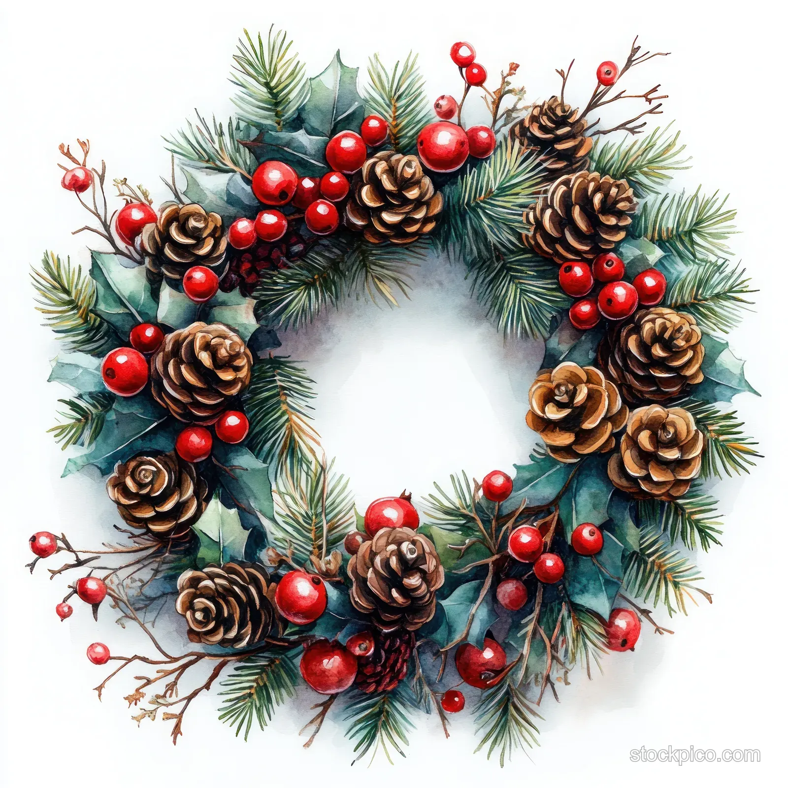 Watercolor Christmas wreath with red berries and pine cones arranged in a circle on a white background.