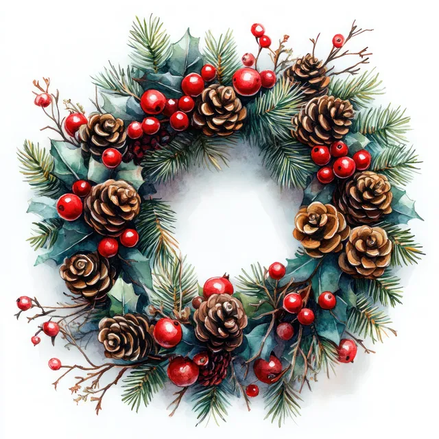 Watercolor Christmas wreath with red berries and pine cones arranged in a circle on a white background.