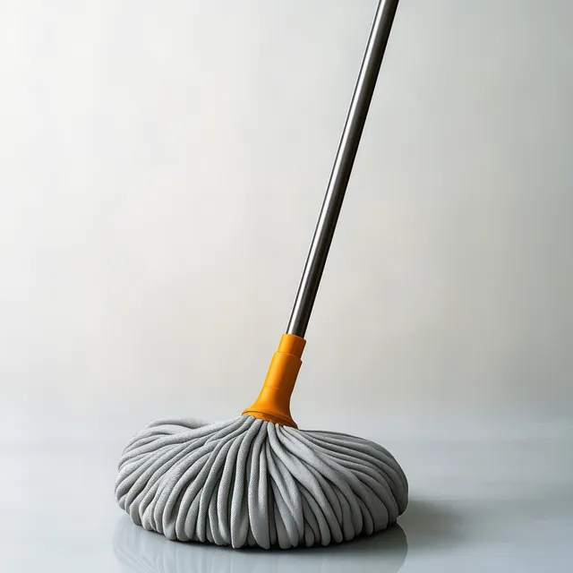 Upright gray microfiber mop with orange connector and silver handle on a reflective floor against a light background.