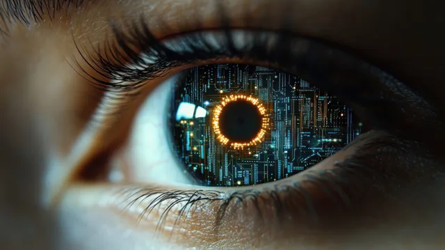 Close-up human eye with glowing orange circuit ring and digital tech pattern reflection