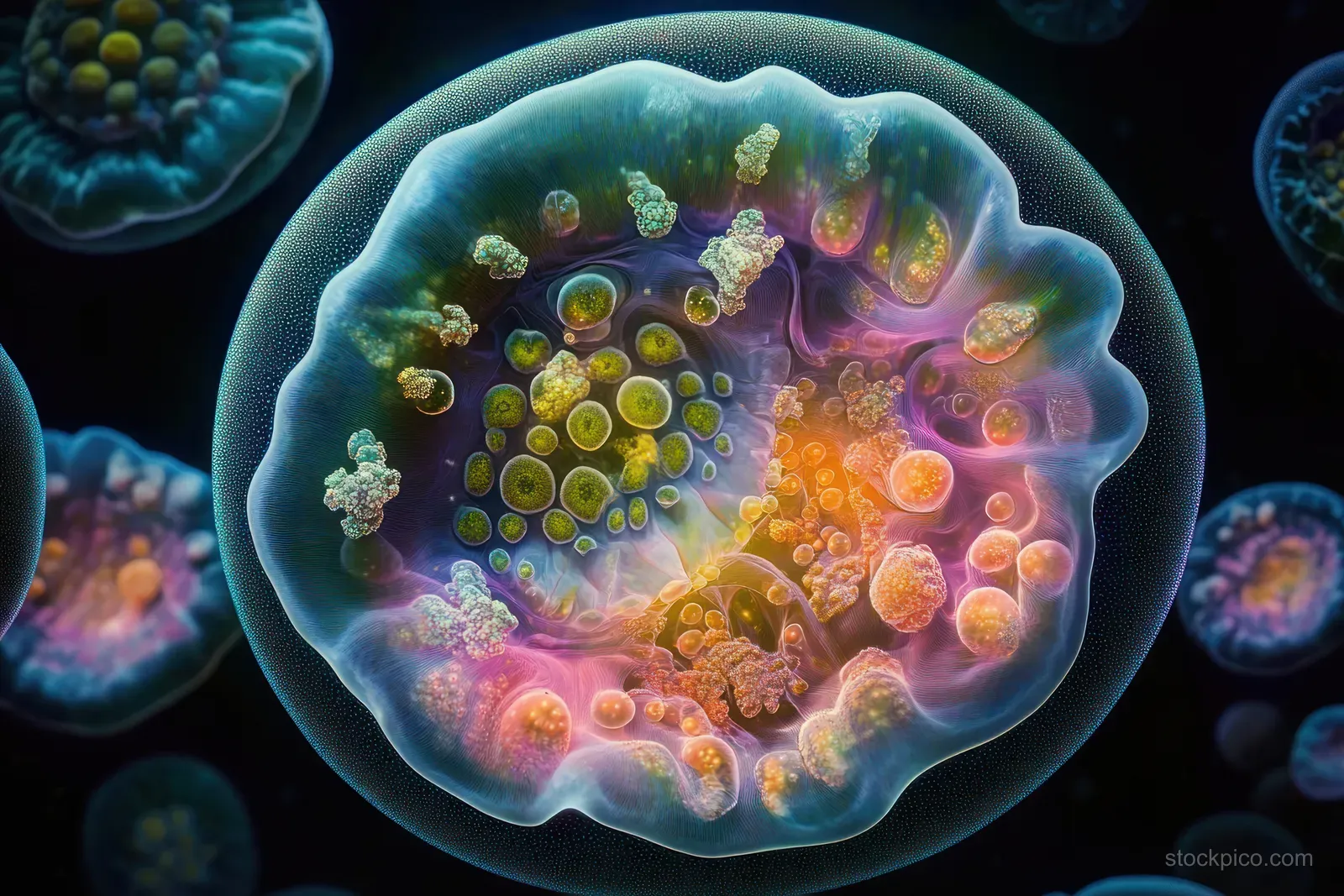 Bioluminescent bacteria and virus particles glow within a softly lit transparent microbe sphere under a microscope.