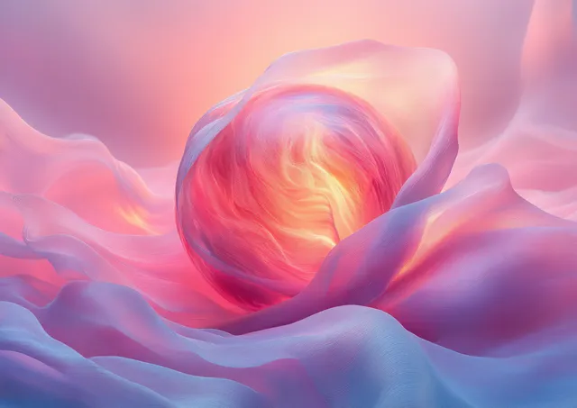 Luminous pastel sphere floating in soft clouds with flowing ribbon-like light trails
