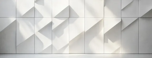 White chevron wall panels in a 3D render with soft diffused lighting and geometric shadows.