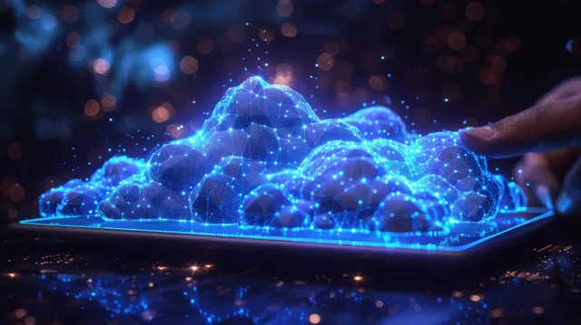 Futuristic blue cloud data network with handshake, server lights, and digital twin glow
