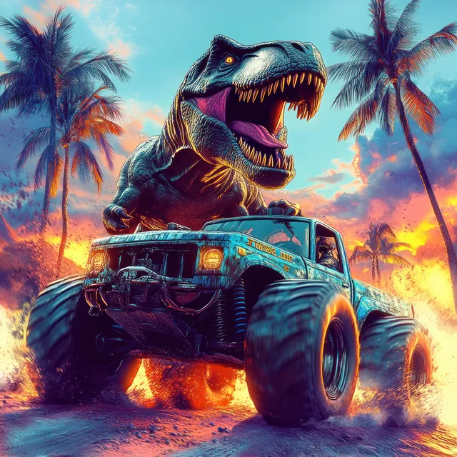 A roaring dinosaur perched on a monster truck drives across a tropical beach at sunset with palm trees behind it.