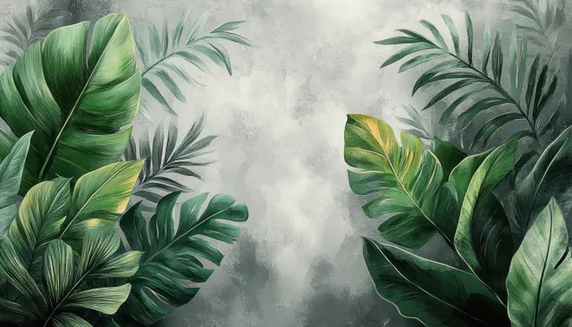 Watercolor tropical leaves spread across a gray textured background under soft misty light.