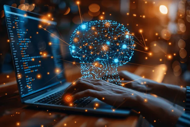 Woman works on laptop with glowing AI brain overlay for remote data management