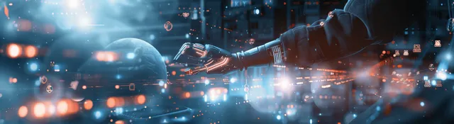A lab engineer gestures toward holographic medical data streams surrounded by glowing circuitry and bokeh lights.