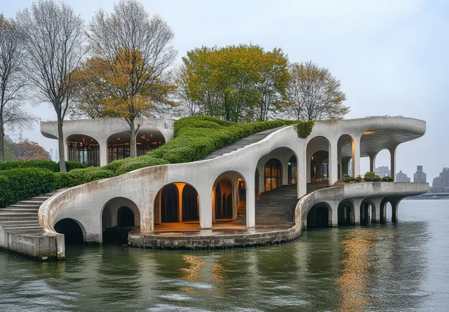 Curved concrete waterfront building with repeating arches and rooftop greenery reflected in calm water under overcast clouds.