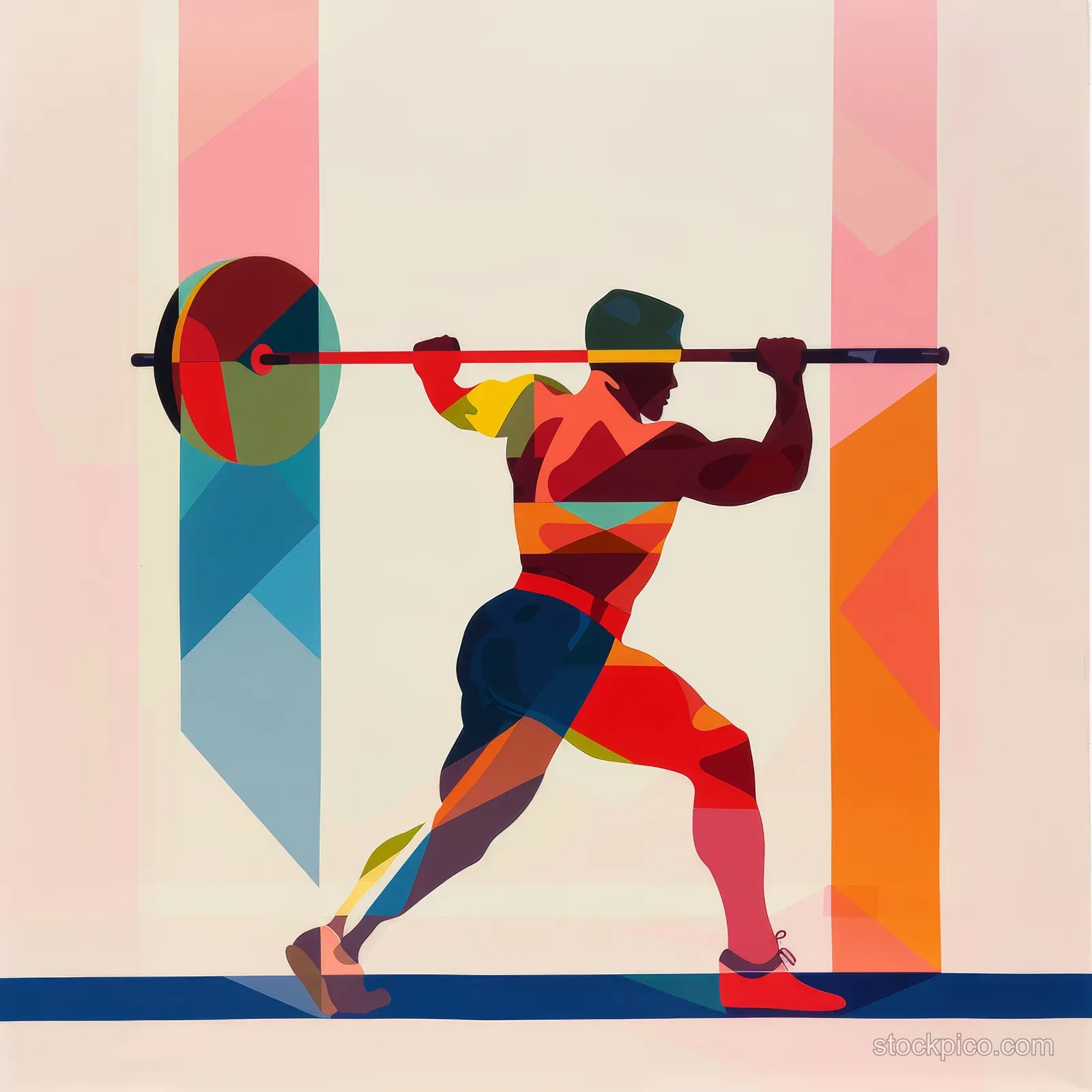 A weightlifter in a colorful geometric mural raises a barbell while lunging with bent knees.