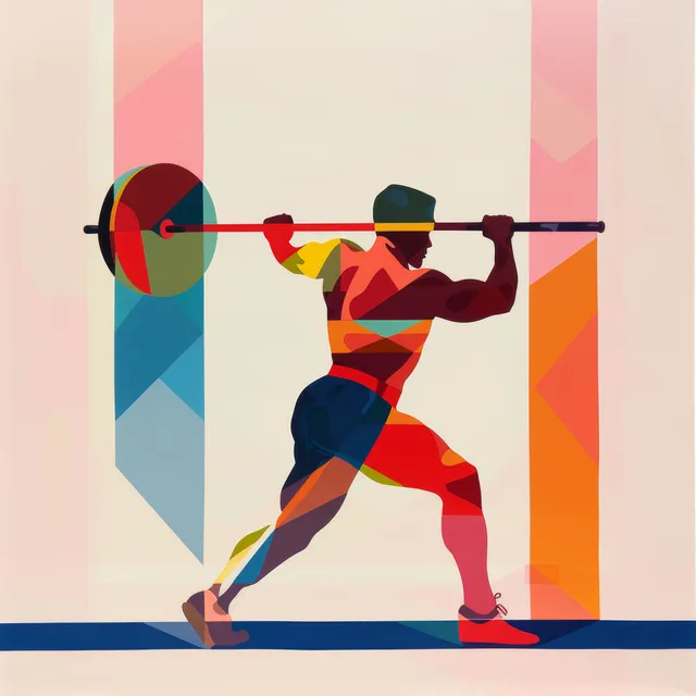 A weightlifter in a colorful geometric mural raises a barbell while lunging with bent knees.
