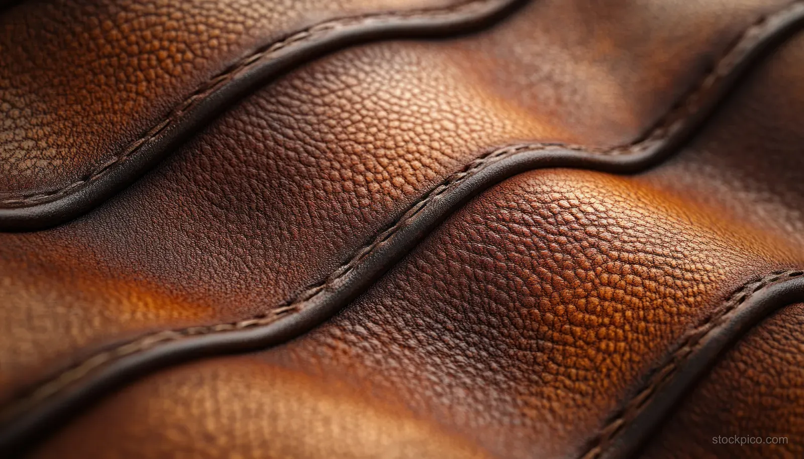 Close-up of worn brown leather with pebbled grain, stitched seams, and warm orange accents.