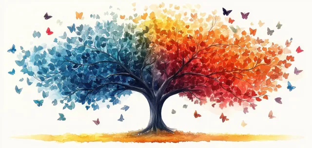 Watercolor split-color tree with blue and red leaves, butterflies hovering around the trunk.