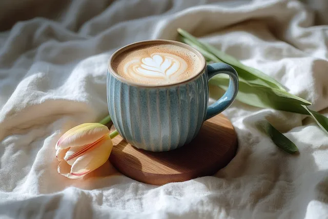 Blue latte cup with heart-shaped foam on a wooden coaster beside a pale yellow tulip on soft white fabric.