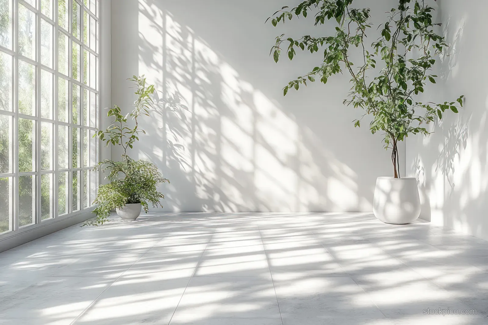 Minimal White Studio Background with Soft Shadows and Sunlight Beams for Product Presentation