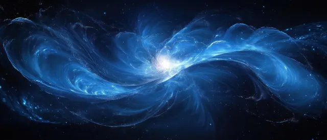 Blue plasma energy arcs across a dark cosmic background, with swirling light trails and glowing pulses.