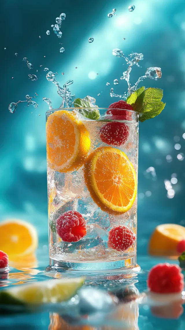 Sparkling water in a clear glass is garnished with citrus slices, raspberries, ice, and fresh mint, creating lively bubbles.