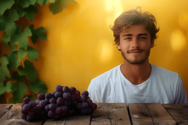 Smiling young man in white t-shirt posing in yellow studio with grapes on table