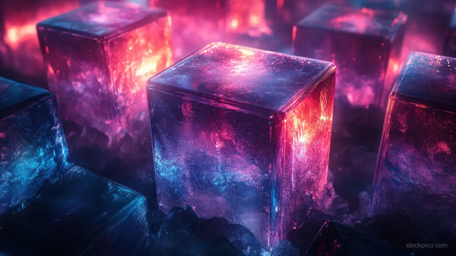 Transparent glowing cubes float in purple and blue haze over a dark digital background with vivid reflections.