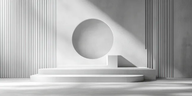 Minimalist white circular and rectangular display platforms in a bright geometric corridor with striped walls.