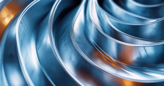 Close-up of concentric shiny metal tubes with smooth reflective surfaces and warm orange highlights.