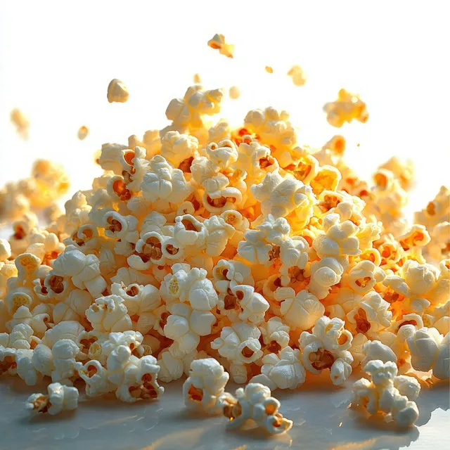 Heap of freshly popped popcorn with kernels suspended mid-air on a white background