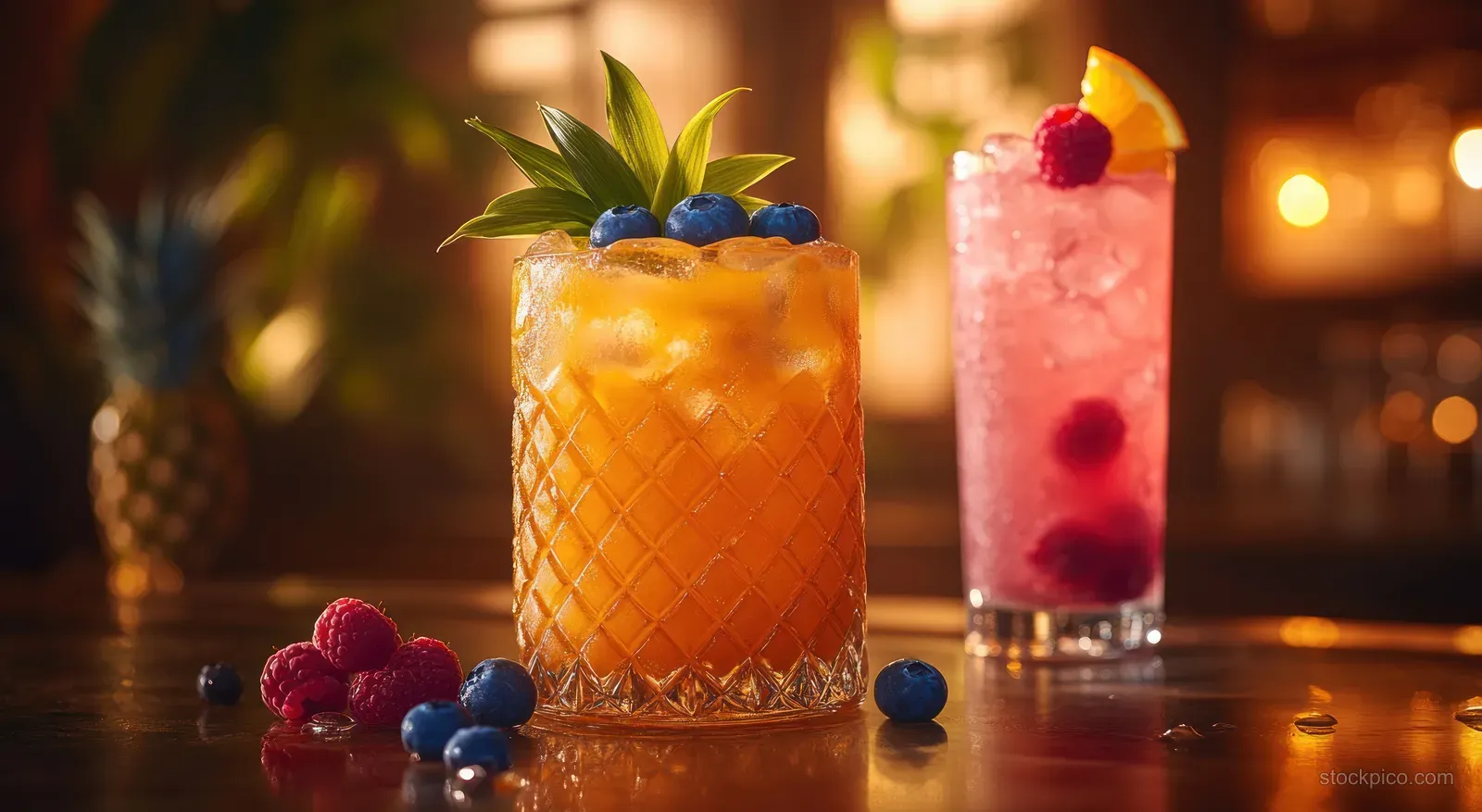 Two fruit-garnished tiki cocktails with ice and colorful berries on a polished bar counter under soft lights.