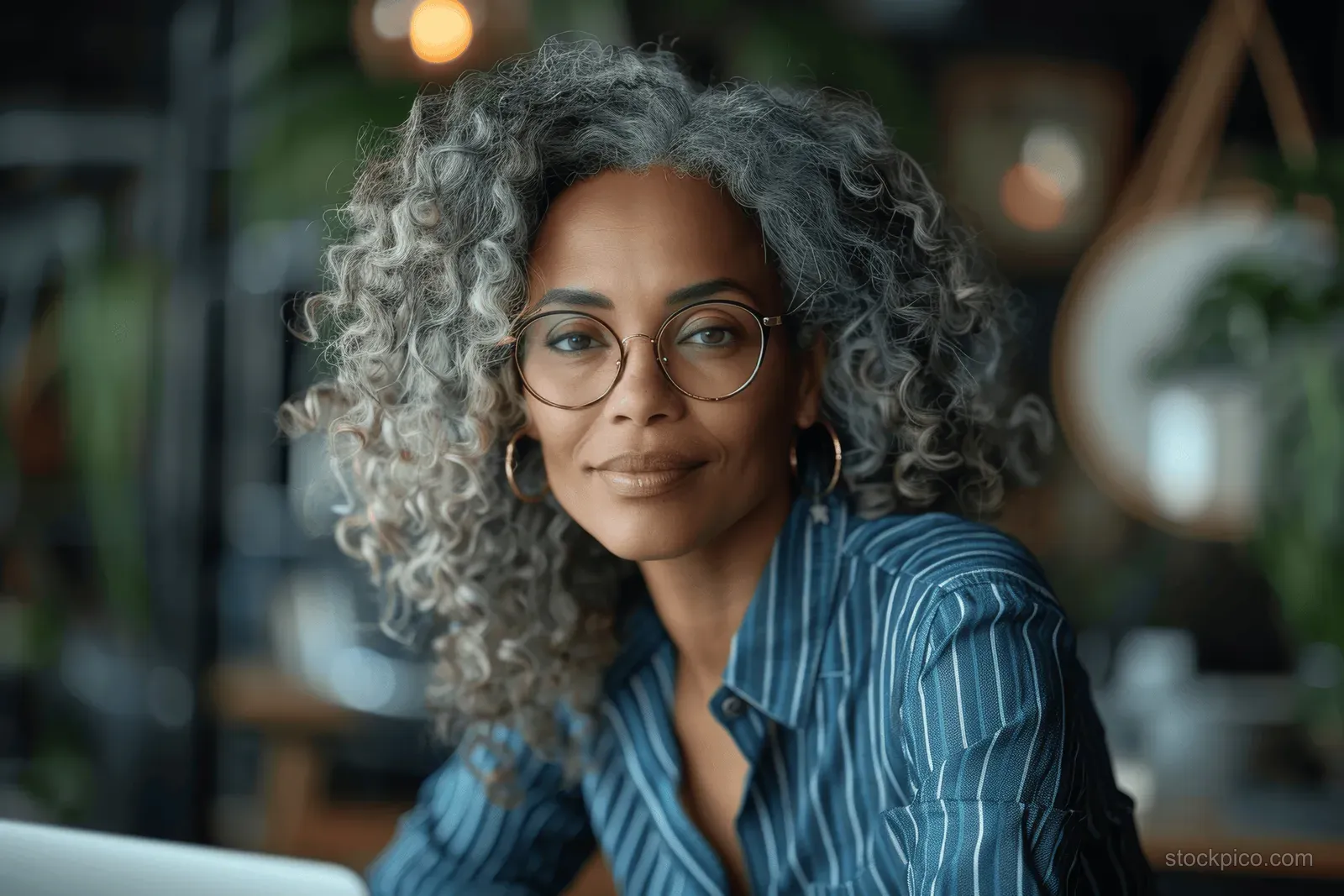 Mature businesswoman with grey curly hair and glasses typing on a laptop at an office desk with blurred lights behind.