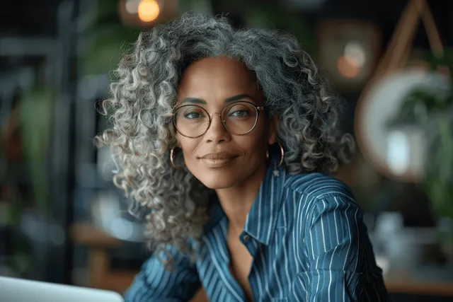 Mature businesswoman with curly grey hair wearing glasses typing on laptop in modern office with Career And Productivity