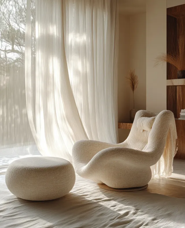 Cream armchair and ottoman in a minimalist living room corner with flowing curtains and sunlit floor.