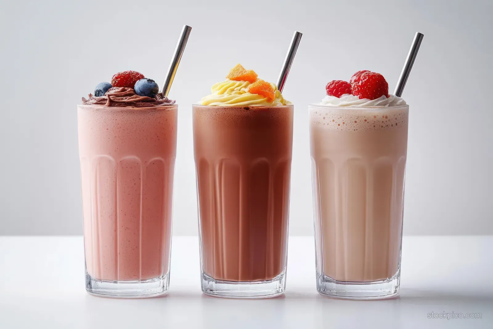 Three milkshakes in tall glasses topped with berries and metal straws on a white surface.