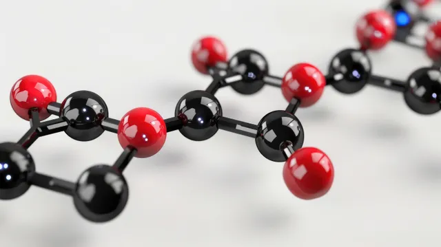Black and red molecular spheres connected by rods in a ball-and-stick chain on a glossy white background.