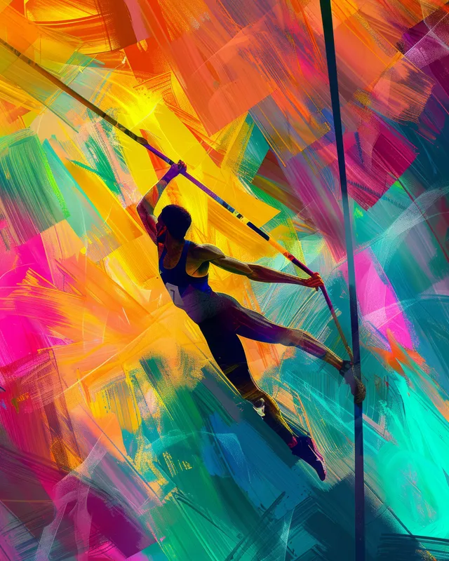 A silhouetted pole vaulter leaps upward through colorful abstract light streaks and beams.