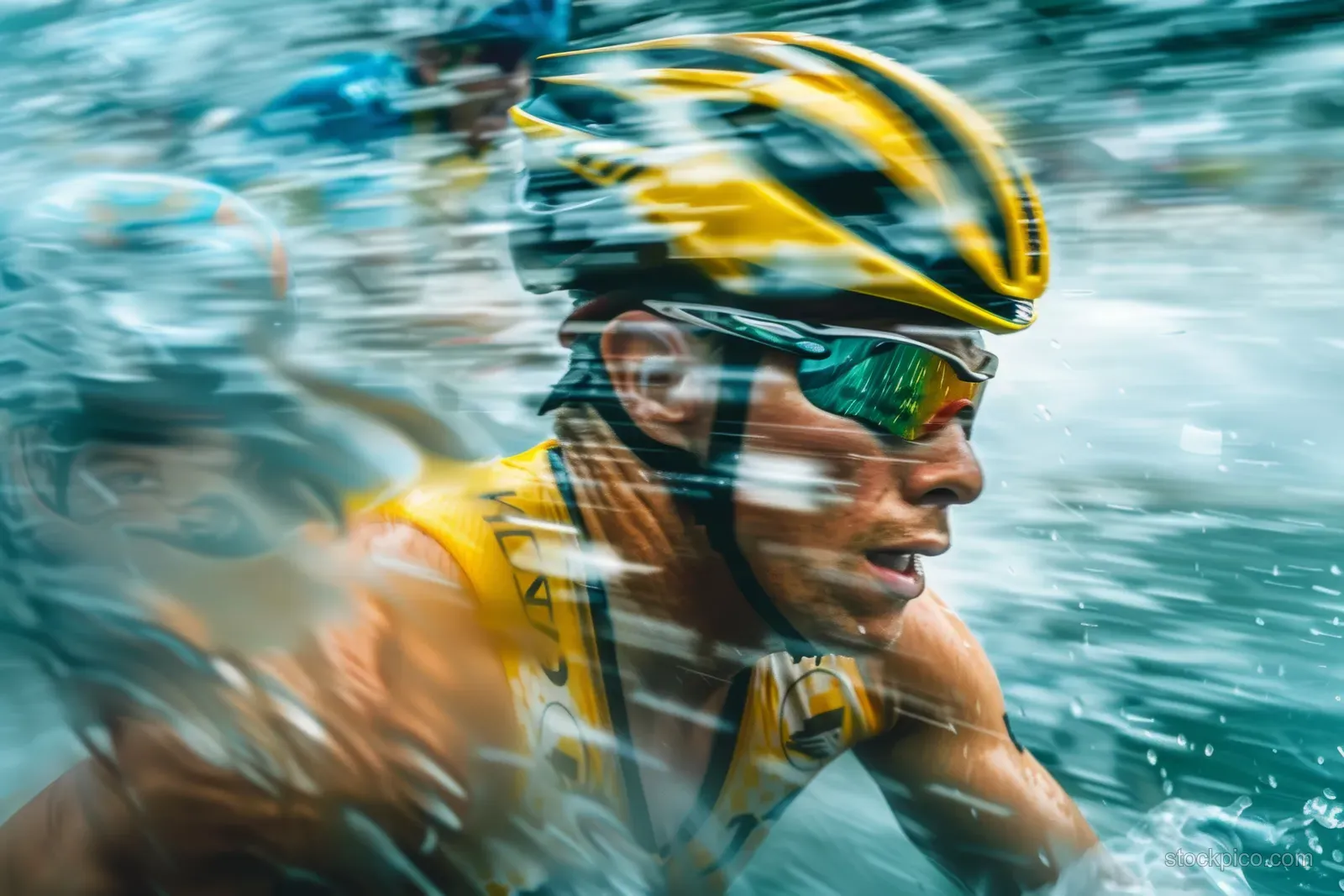 Australian triathlete swims hard in open water, goggles and swim cap visible with splashing motion.