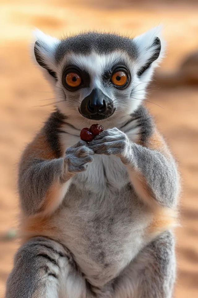 Ring-tailed lemur sitting and holding red berries with both hands while looking at the camera.