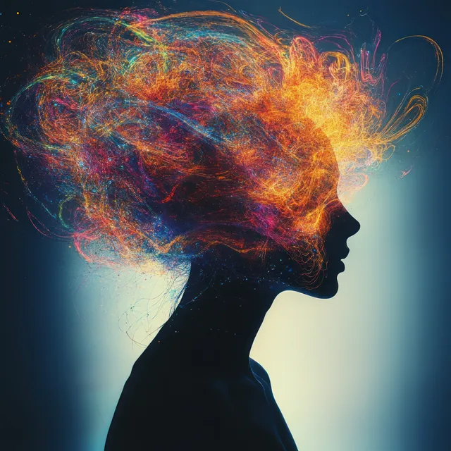 Side-profile silhouette with glowing colorful strands swirling from the head