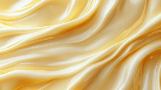 Closeup yellow cream swirls on beige textured background with soft wavy ridges