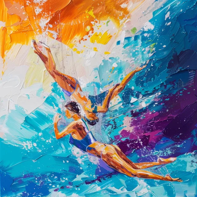 Two artistic swimmers in a synchronized lift pose surrounded by colorful splashes in the pool.