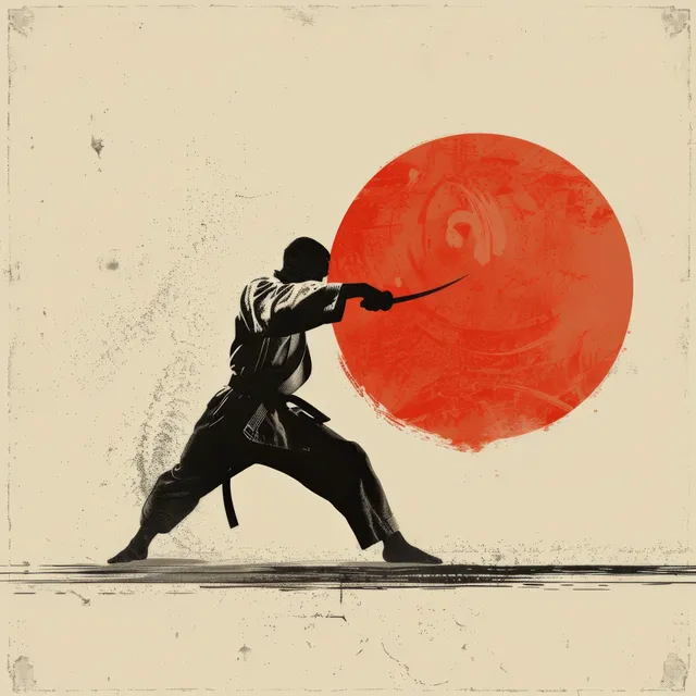 Karate practitioner performs kata stance in minimalist scene with red rising sun circle