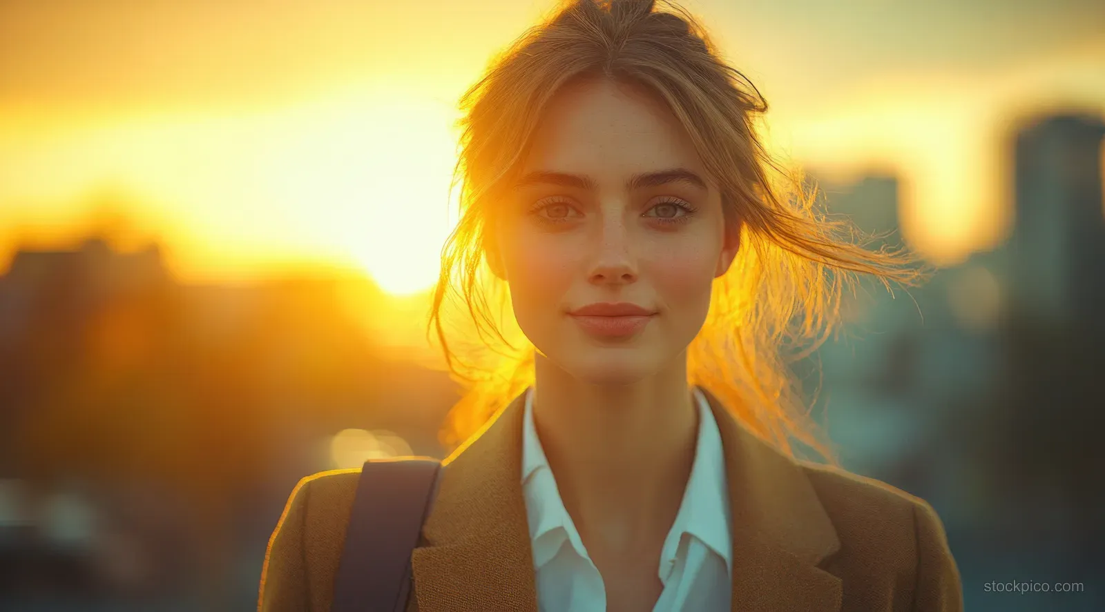 Confident businesswoman walking toward the camera with a briefcase against a sunset city skyline.