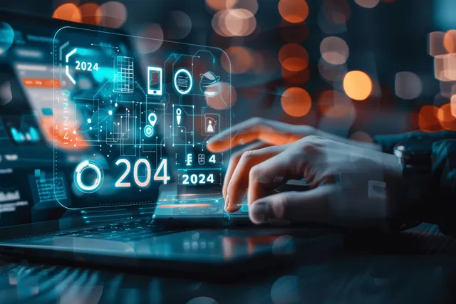 A strategist utilizes digital tools and AI concepts to plan for 2024 growth with a focus on sustainability and financial forecasts.
