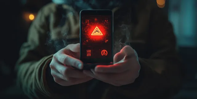 Hands hold a smartphone displaying a glowing red warning triangle on a dark, smoky screen.
