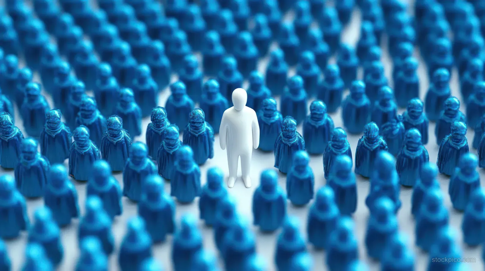A lone white figurine stands among many small blue figurines arranged in rows.