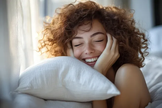 Joyful woman holds a pillow in bed, smiling with morning sunlight streaming