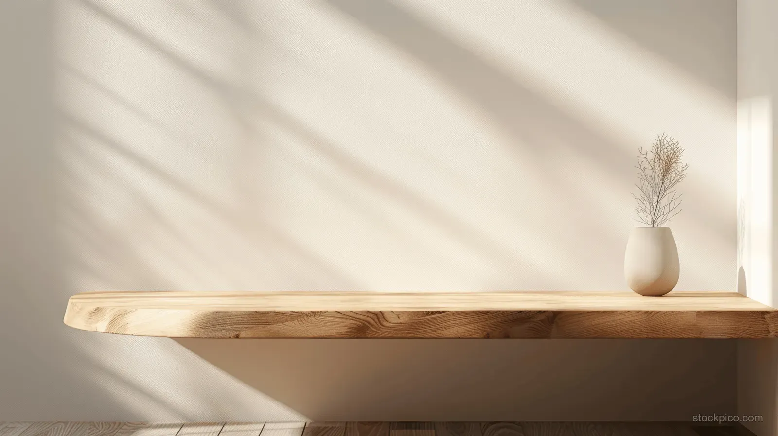 Sunlit minimalist wooden shelf with a small vase of dried grass on a light wall.