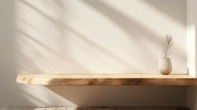 Sunlit minimalist wooden shelf with small vase inside bright modern interior